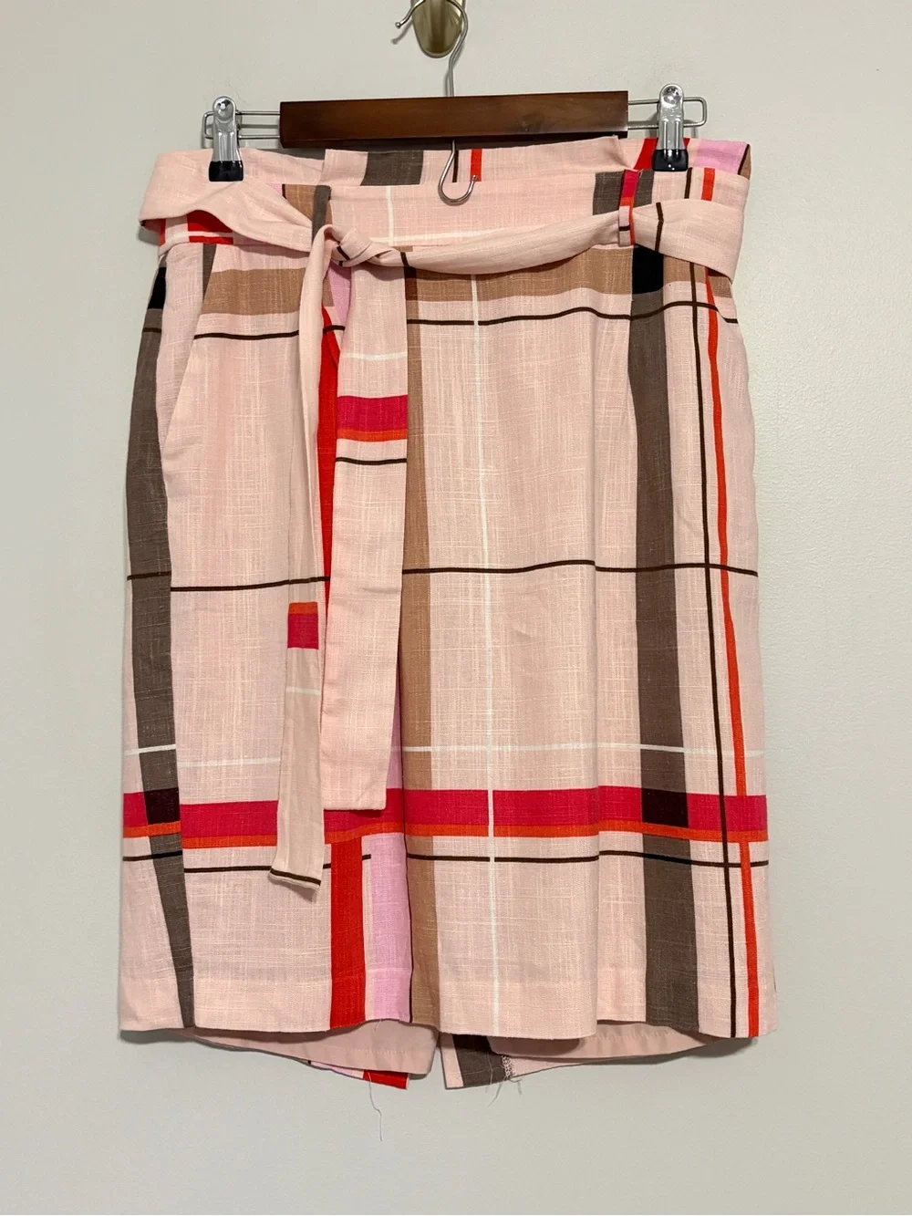 Ann Taylor Petite Striped Plaid Belted Skirt in Cream, Coral & Tan Size 8P NEW